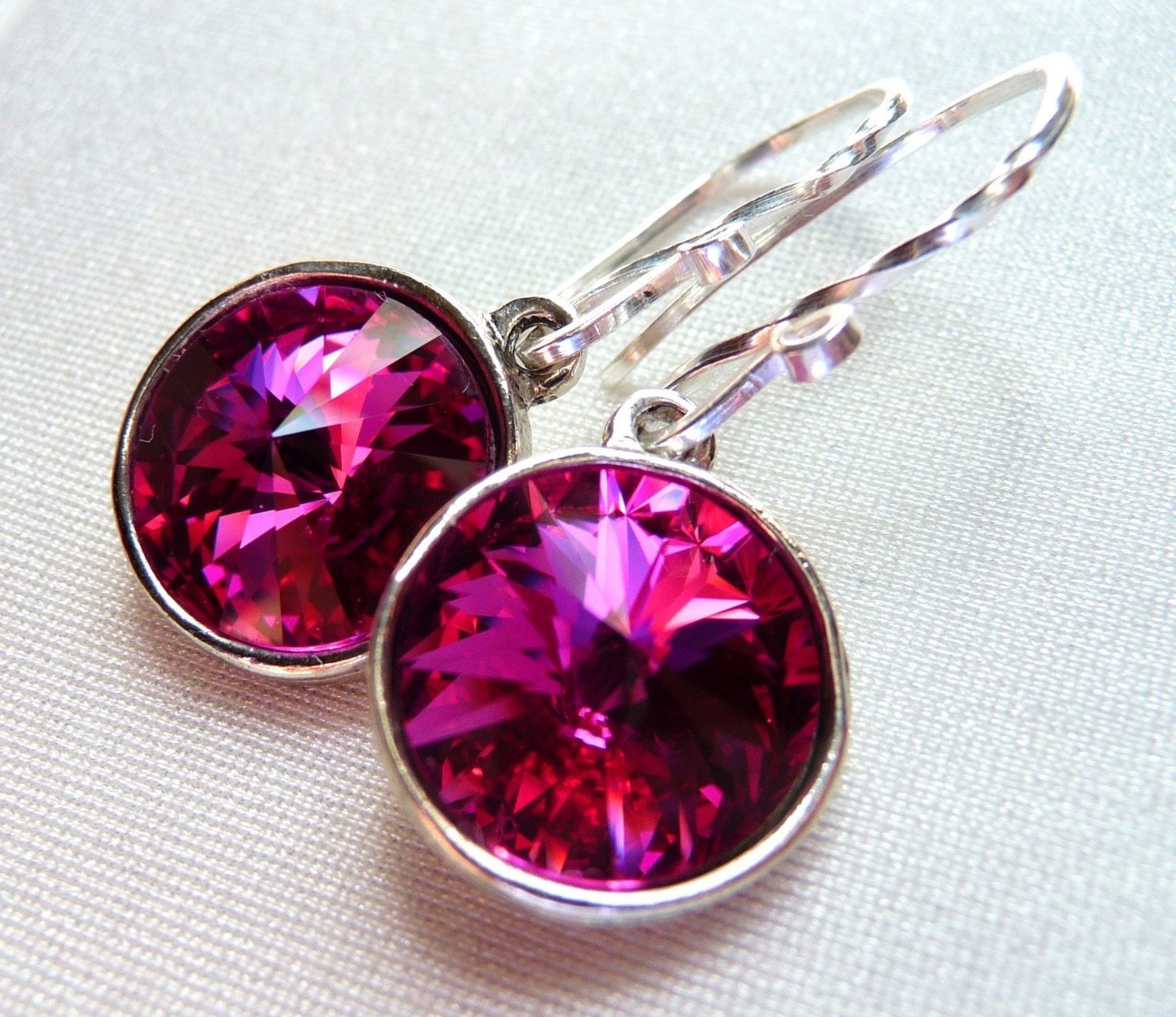 Swarovski Fuchsia Drop Earrings, Hot Pink Crystal Briolette Rivolis, Sterling Silver Dangle Earrings, Fashion, Under 25