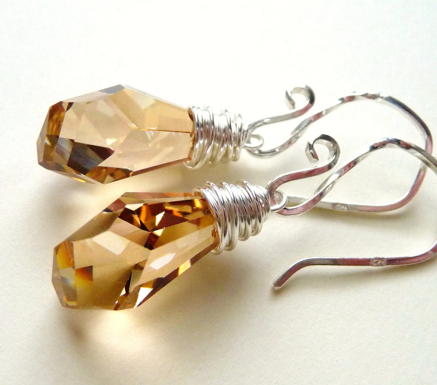 Golden Swarovski Crystal Earrings, Golden Champagne & Amber Crystals, Wire Wrapped, Sterling Silver, Handmade, JBMDesigns, Fashion