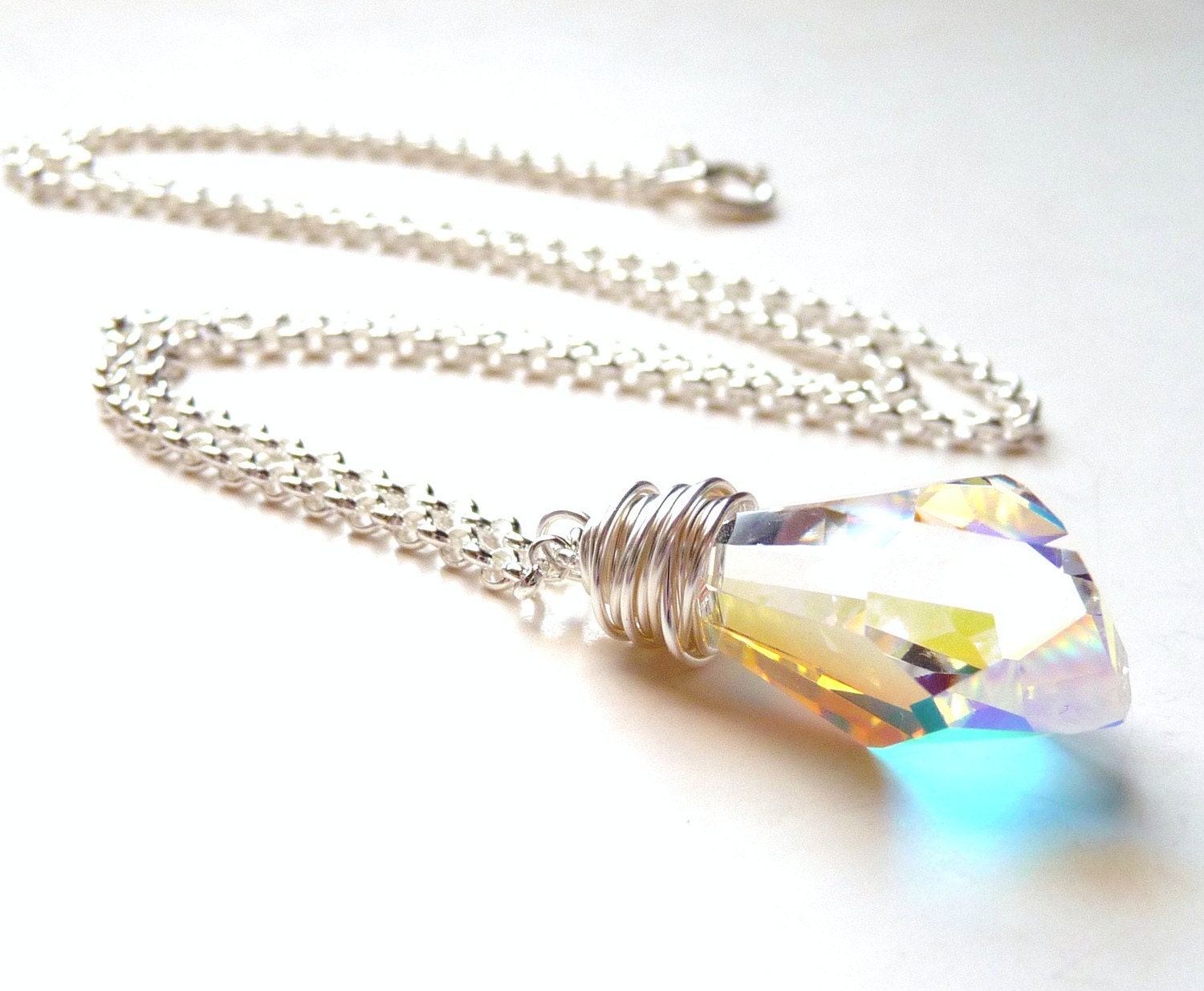 Swarovski Aurora Borealis Crystal Necklace, Rock Polygon Crystal Teardrop, Wire Wrapped Pendant Handmade Necklace Bridal Jewelry Wedding