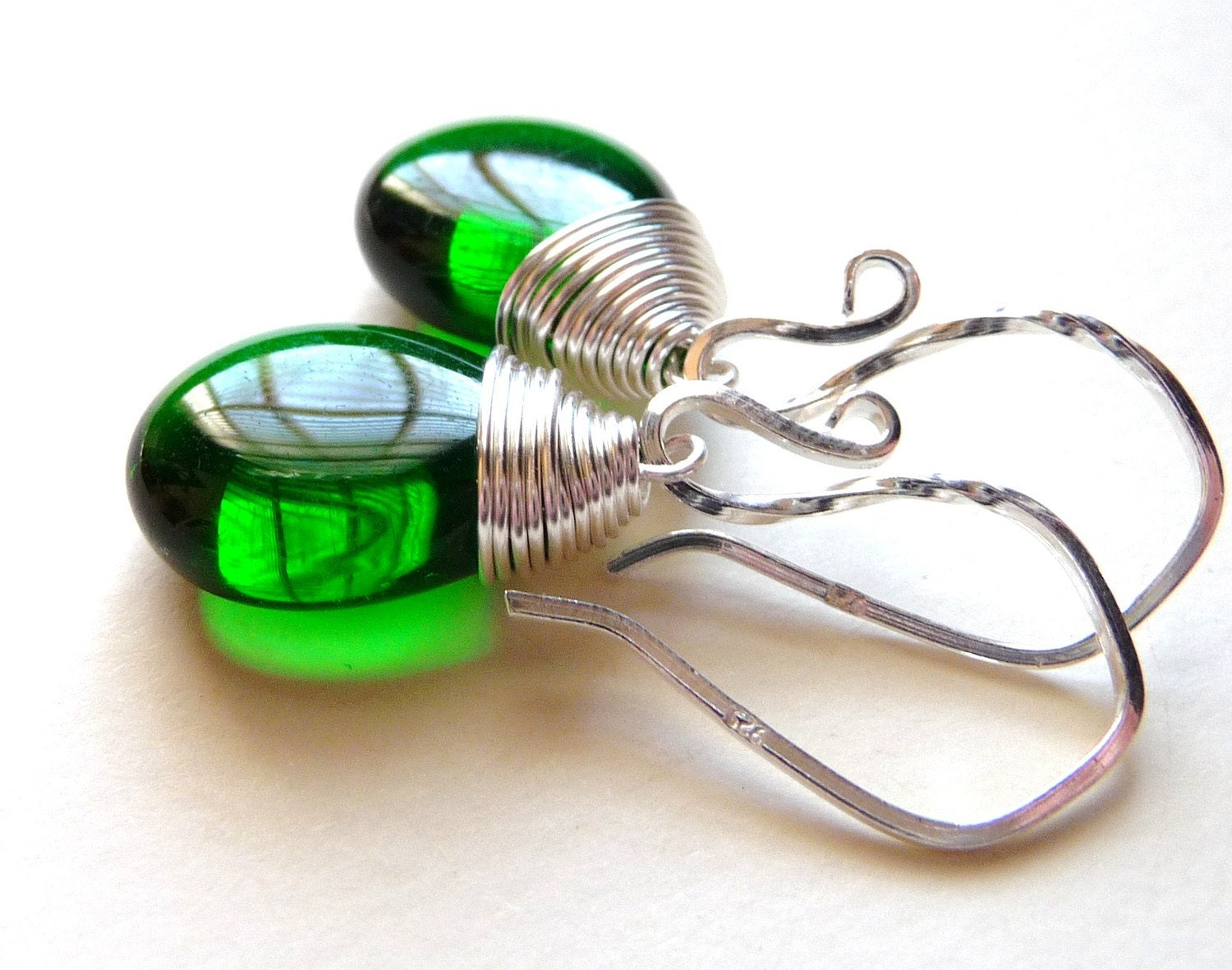 Emerald Green Earrings, Woodland Forest Green Czech Glass Teardrops, Sterling Silver, Wire Wrapped Earrings, May Birthstone