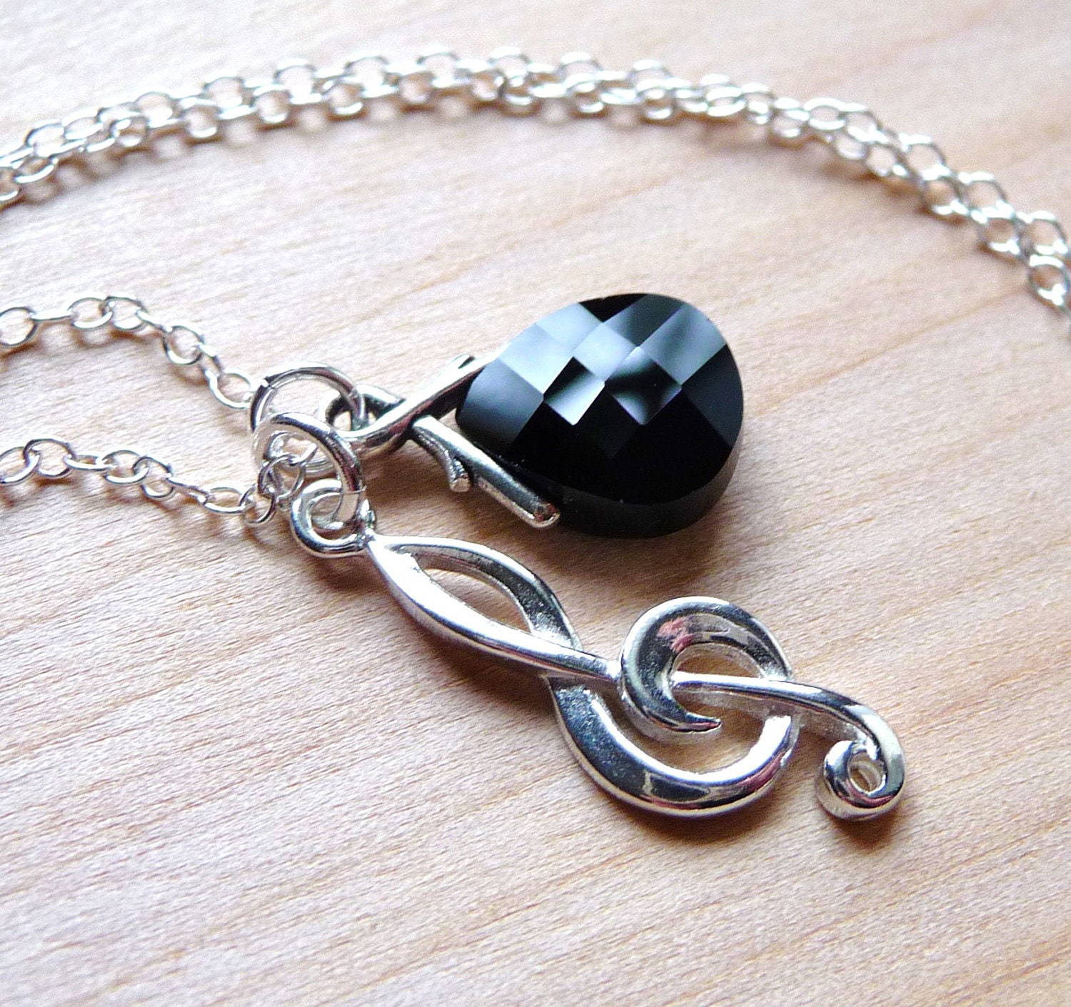 Music Charm Necklace, Sterling Silver Treble Clef Musical Note Charm & Jet Black Swarovski Briolette Crystal, Sterling Silver, Fashion