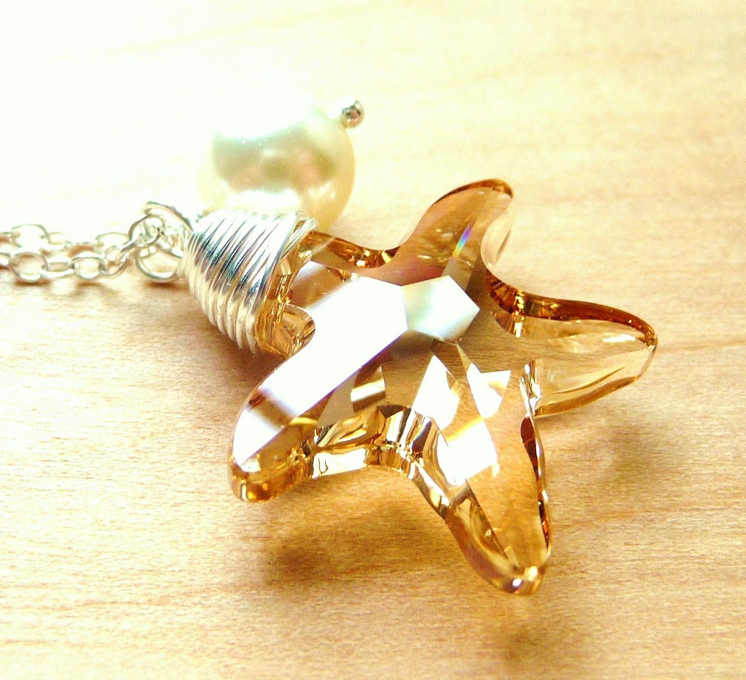 Starfish Necklace, Swarovski Crystal Charm Necklace, Gold Topaz & Cream/Ivory Pearl Wire Wrapped Pendant Sterling, Nautical, Ocean