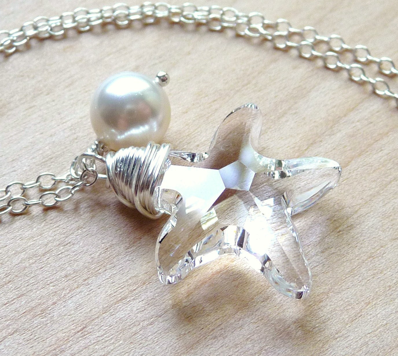 Swarovski Starfish Necklace, Clear Crystal & White Pearl, Wire Wrapped Pendant Sterling Silver, Charm Necklace, Beach Wedding