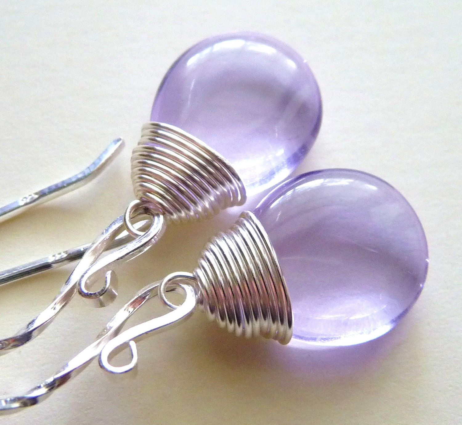 Lavender Purple Glass Earrings, Handmade Wire Wrapped Smooth Czech Glass Teardrop Sterling Silver Dangles, Fashion, Under 25