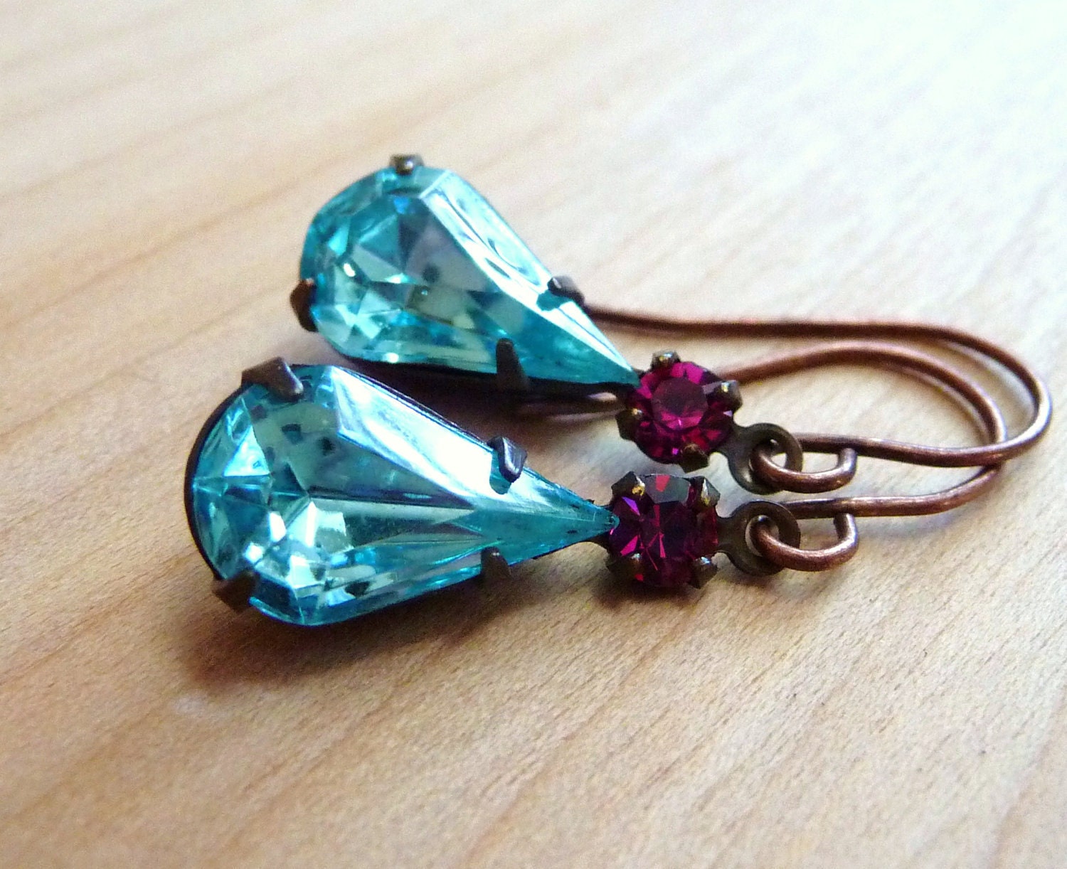Aquamarine Blue Glass Earrings,  Blue & Fuchsia Purple Pear Crystal Rhinestones, Rhinestone Earrings, Copper Earrings