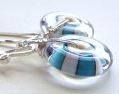 Lampwork Glass Earrings, Ivory and Turquoise lampwork Earrings, Handmade Striped Beads, Sterling Silver, Ocean Blue