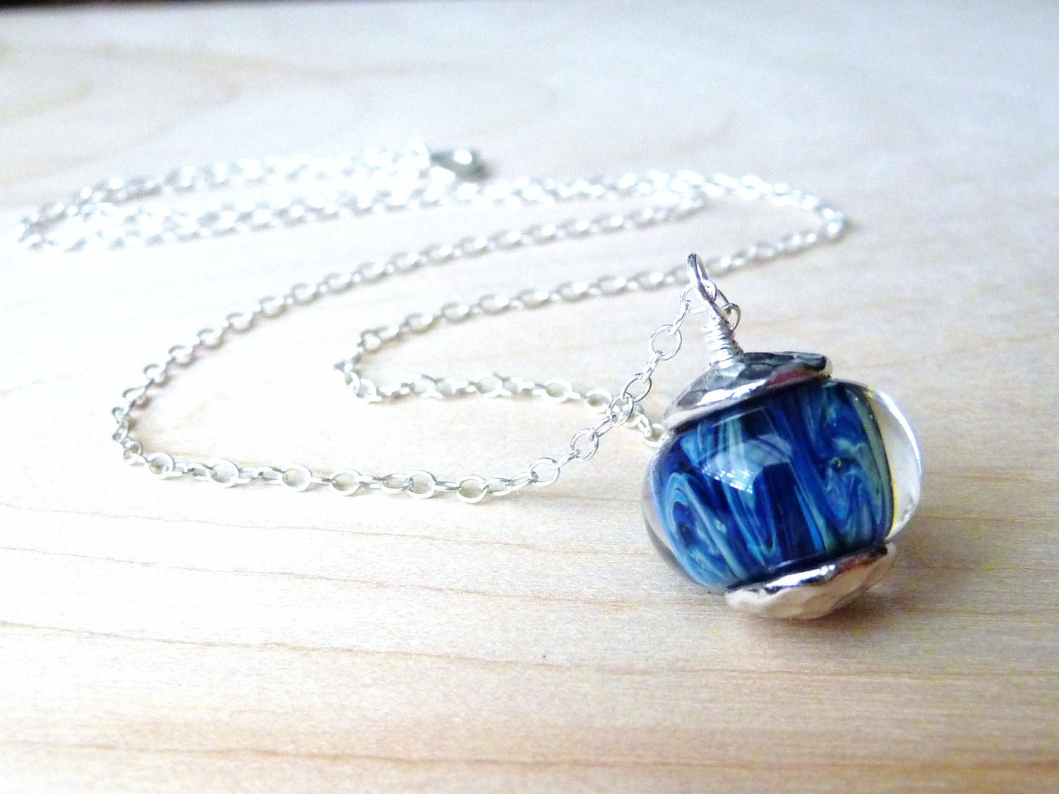 Sapphire Blue Lampwork Glass Pendant Necklace - Ocean Wave Lampwork Glass, Handmade, Sterling Silver Necklace, Fashion