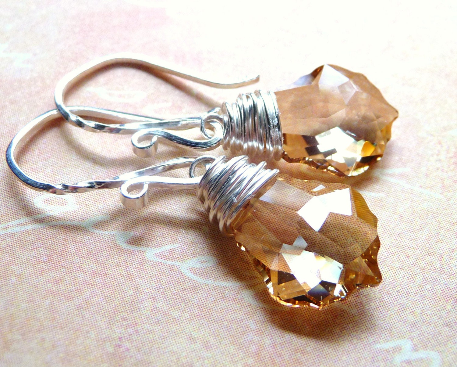 Bridesmaid Jewelry, Crystal Earrings, Swarovski Golden Champagne Briolettes, Sterling Silver , Wire Wrapped, Bridal Wedding