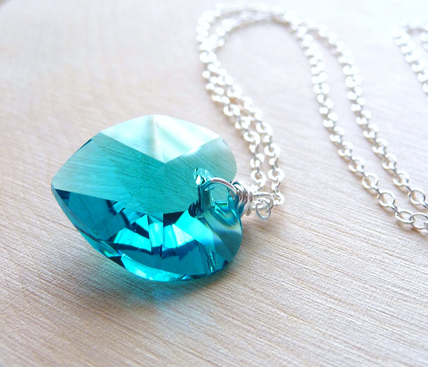 Blue Zircon Swarovski Heart Necklace, Wire Wrapped Crystal Glass Heart Pendant, Sterling Silver Necklace