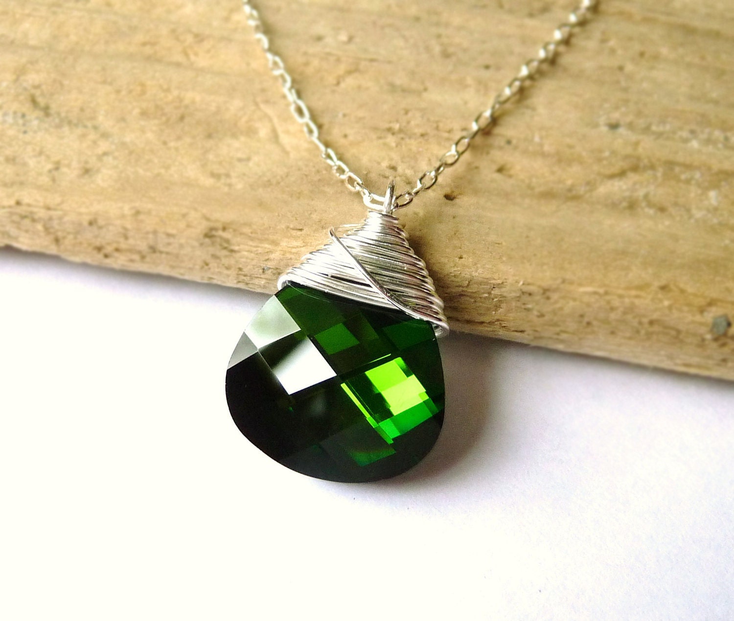 Swarovski Green Crystal Necklace, Dark Olive Green Swarovski Crystal Wire Wrapped Briolette, Sterling Silver Necklace, Christmas Green