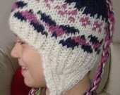 boxingdaysale children - 12 to 24 Month Earflap Beanie Hat - white, dark blue, amethyst - Hand Knitted