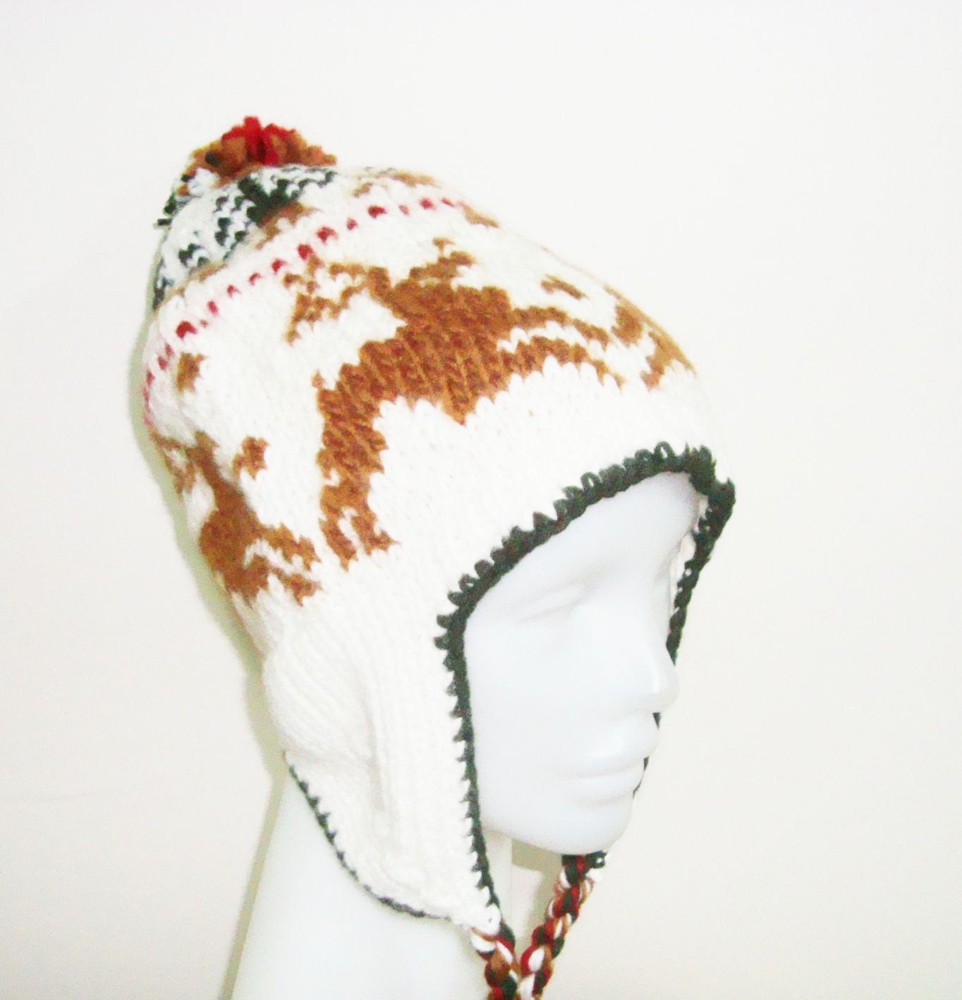 Handmade Hat Hand Knit Hat Earflap Winter Hat Deers Patterned