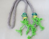 textile necklace w/ textile beads - bright green / yellow / teal / grey