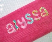 Personalized  Towel -  appliqued name -  Choose Fabric and Towel Color - Great for the beach,bath,pool,rest mat,birthday,Graduation