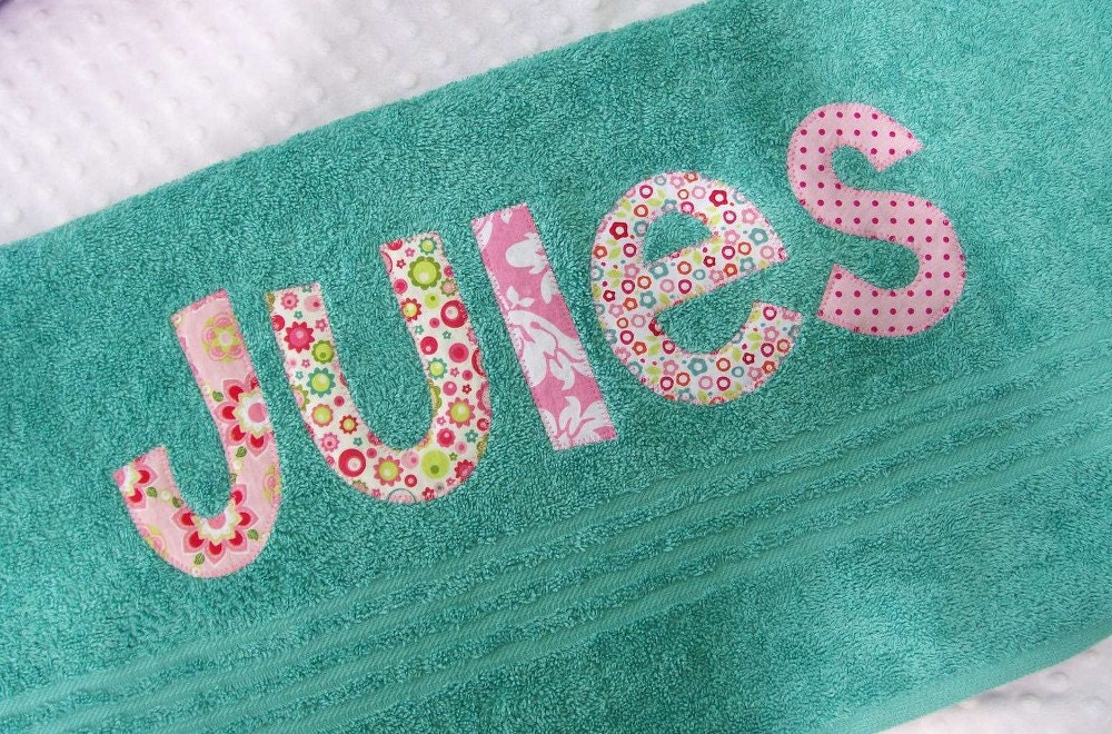 Personalized  Towel -  appliqued name -  Choose Fabric and Towel Color -  Great for beach, bath,  pool, rest mat, birthday, graduation gift