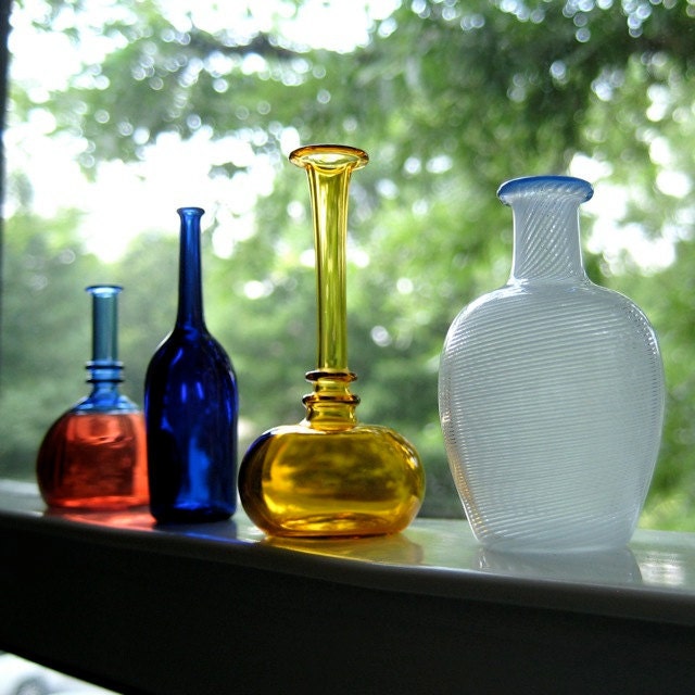 Miniature Pitcher in Blue Stripes, Hand Blown Glass