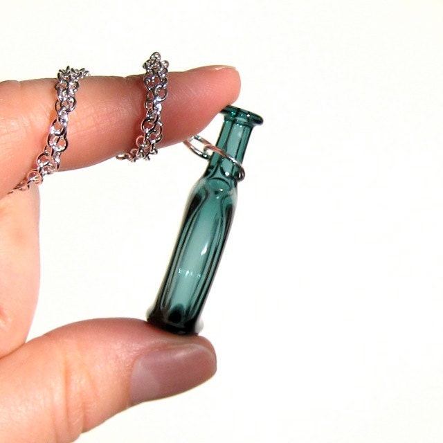 Teal Bottle Necklace, Hand Blown Glass
