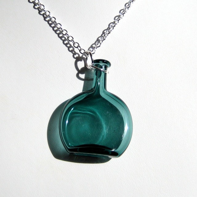 Teal Bottle Necklace, Hand Blown Glass