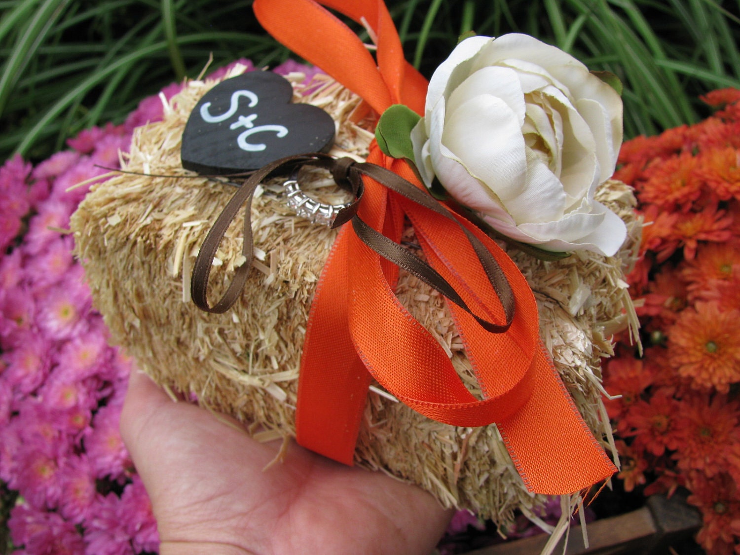 Harvest Ring Bearer Pillow Haystack Bale Fall Rustic with Personalized Chalkboard or Wood Tag