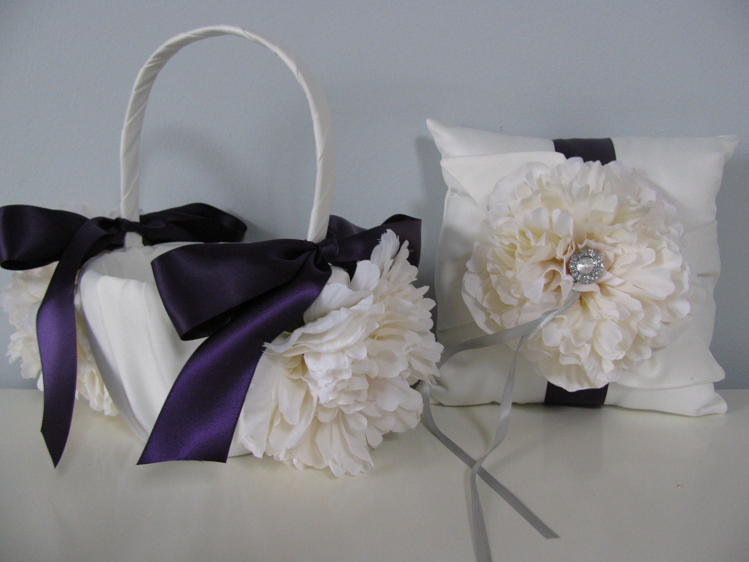 Flower Girl Basket and Ring Bearer Set of 2- Satin Ivory or White Ivory Peony Lapis Plum Purple and Rhinestone Center- You Customize