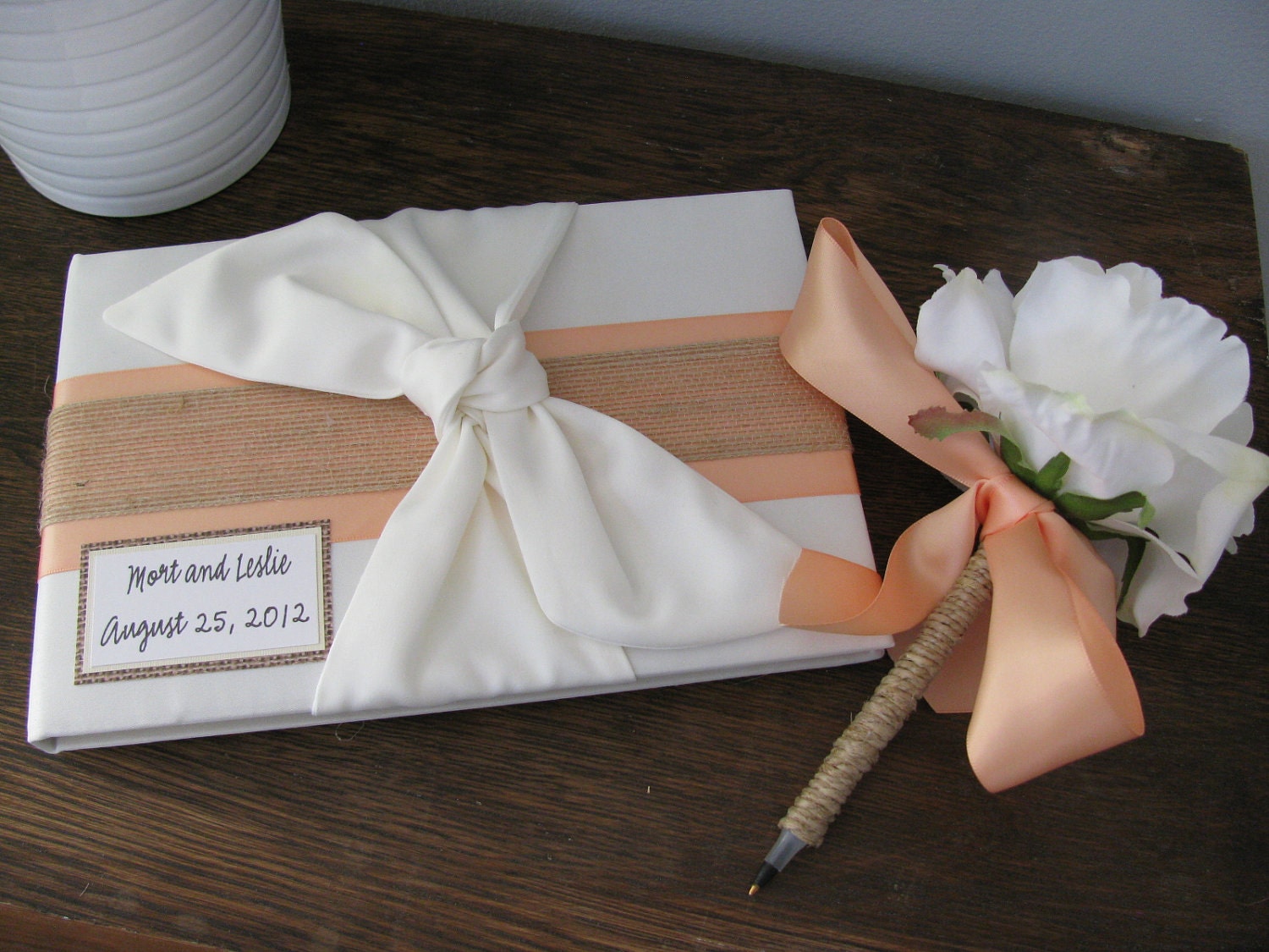 Customized Wedding Guest Book and Guest Book Pen SET Shown Peach and Burlap with Personalized Tag