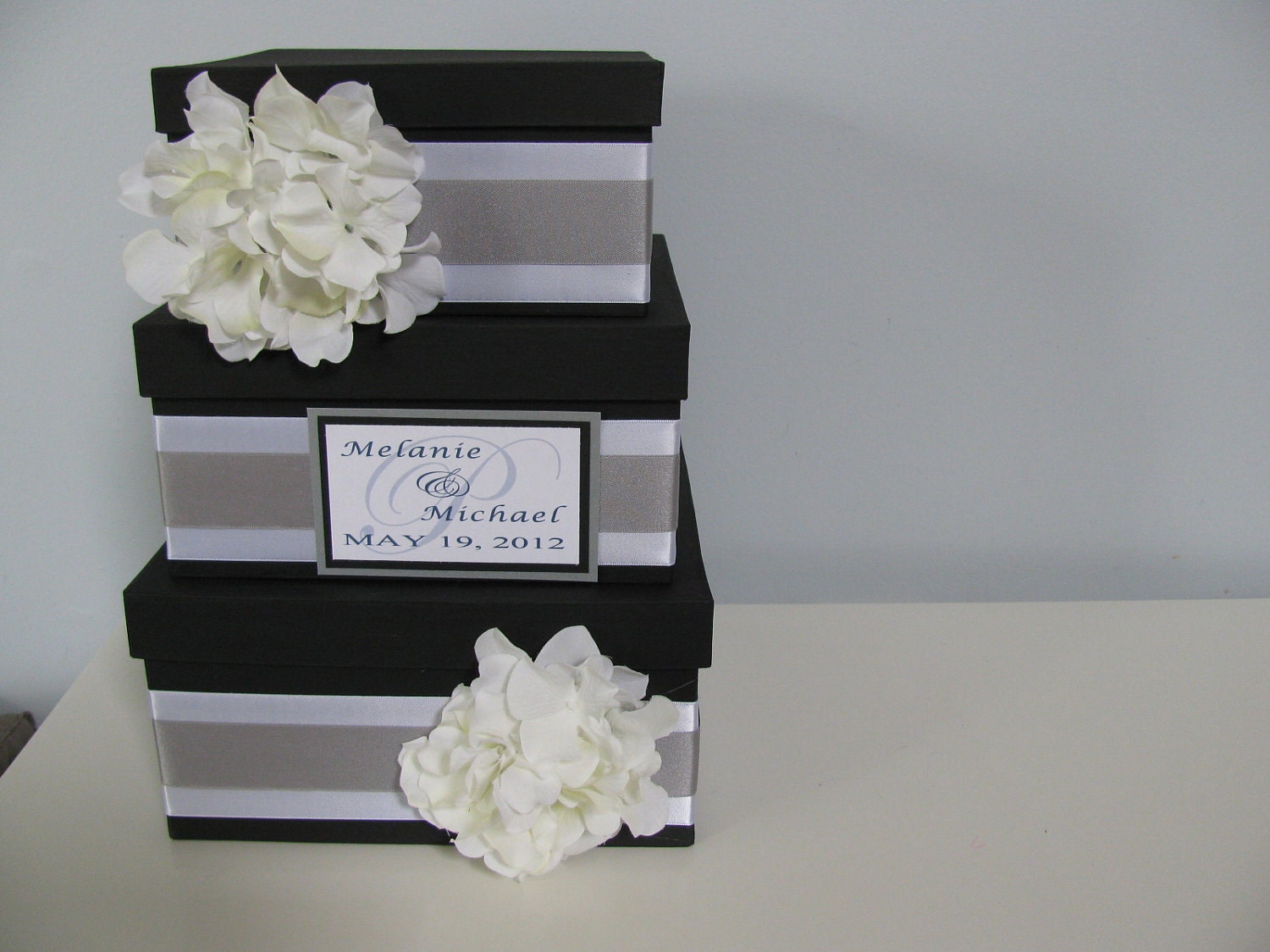 3 tiered Modern Wedding Card Box with personalized tag You Customize Colors and Flowers- shown black, silver and white with hydrangeas