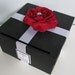 YOU CUSTOMIZE Black Wedding Card Box-Shown with Red Open Rose, Rhinestone and Personalized Tag Can Customize Flowers and Colors