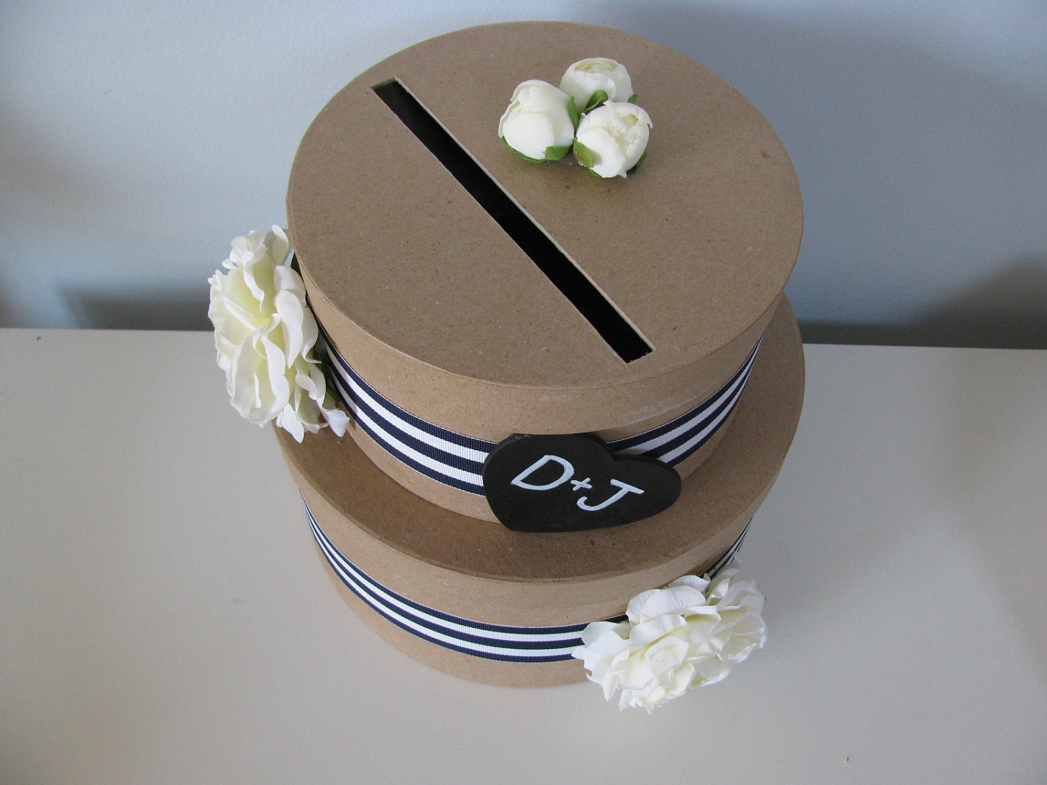 Nautical Rustic Wedding Card Box 2 tiered with Chalkboard or Wood Personalized Tag Navy & White Stripe Ribbon with White Roses