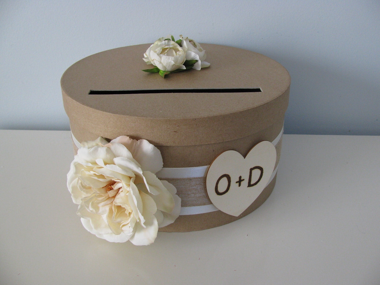 Rustic Round Wedding Card Box Wood Personalized Tag Ivory Ranunculus DIY with ivory and Burlap and large Ivory Rose
