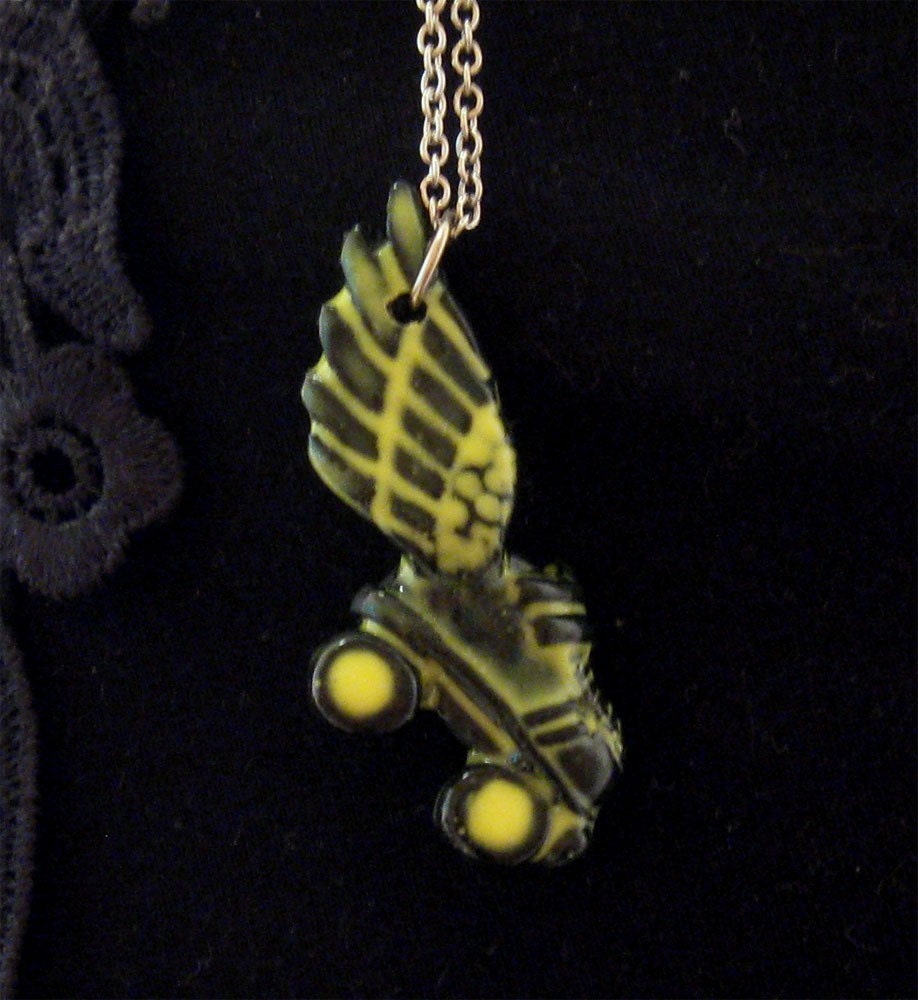 Roller Skate Necklace roller derby yellow black wing