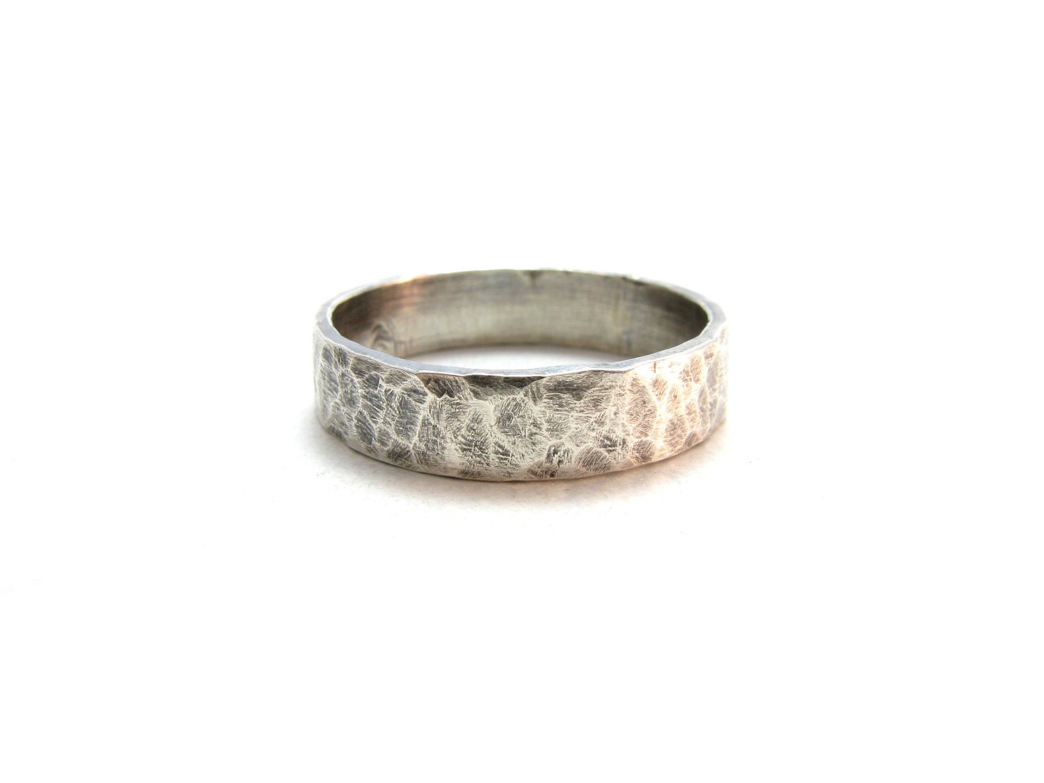Sterling Silver Wide Hammered Ring Oxidized Darkened Textured Unisex Simple Modern Wedding Band