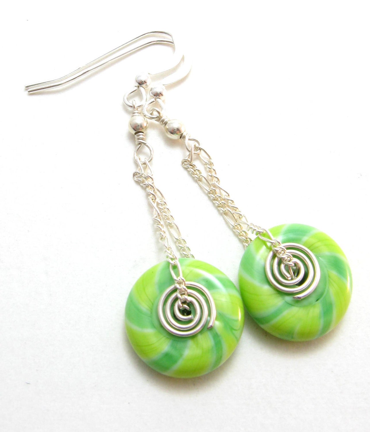 LIme Green Disc Lampwork Sterling SIlver Chain Swing Earrings