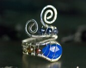Cobalt Blue Ring, Gemstone, Nickel-Free, Argentium Silver Wirework Ring - Tanzanite Chalcedony, Garnet, Andalusite, Iolite - "Moon Flower"