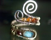 Labradorite Ring, Gemstone, Sterling Silver Wirework Ring - Blue Fire Labradorite, Deep Red Garnet, Orange Hessonite Garnet - "Evenstar"