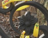 SALE Hand Painted Yellow Plastic Bangle and Earring Set