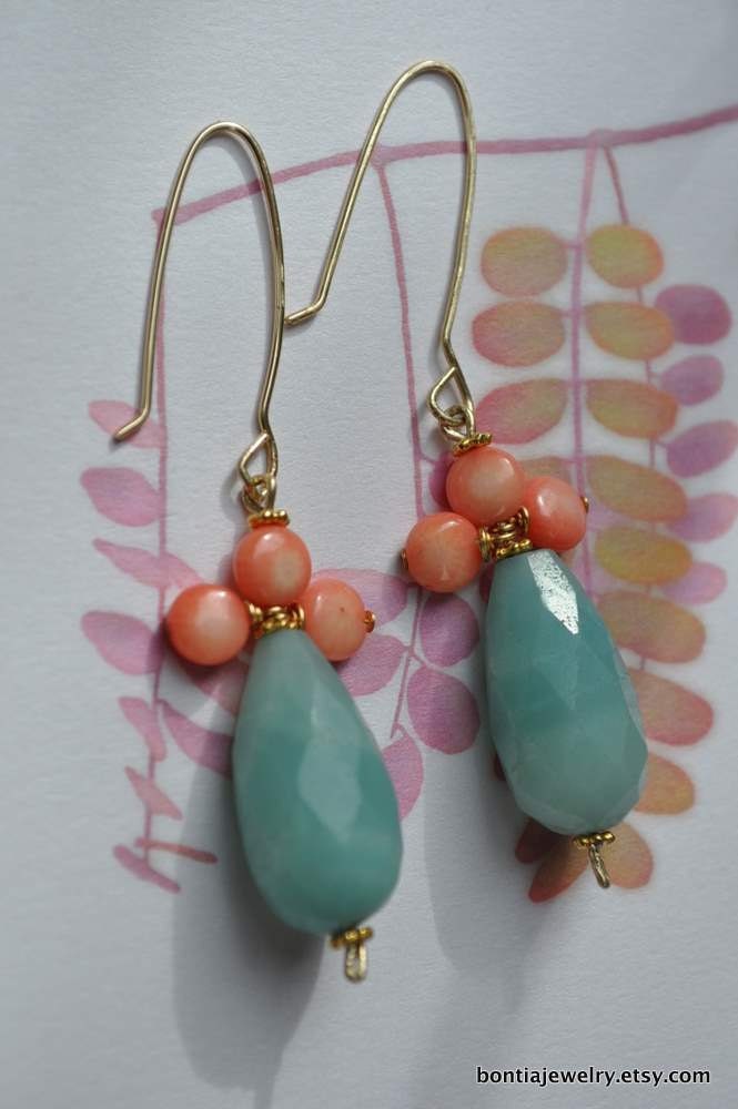 Teardrop Earrings. Coral Amazonite 14kt Gold Filled