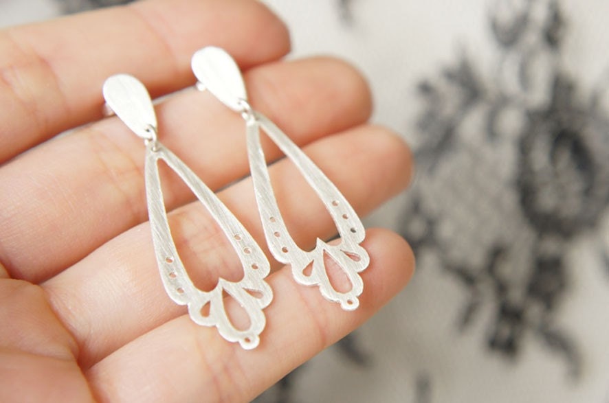 LINGERIE DANGLE LONG Earrings - Sterling Silver - Handmade by Gemagenta - Black or White - Wedding, Romantic, Lace, Light, Heart