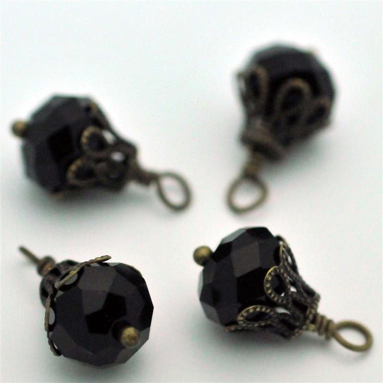 Set of 4 Bead Drop Charms Onyx Black with Antique Brass Pendants Earrings Glass Crystals