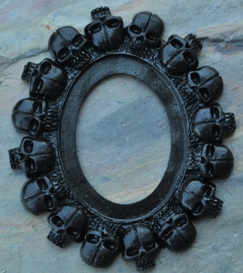 Set of 2 Antique Black Newest Gothic Multi Skull Open Back Vintage Style Frame for Cabochon....39mm x 65mm 30mm x 40mm