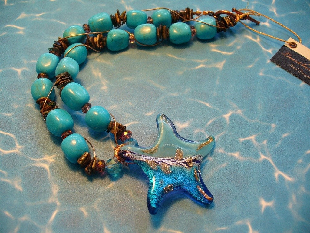 Turquoise Rounded  Rectangles Necklace with a Lampwork  Starfish Pendant