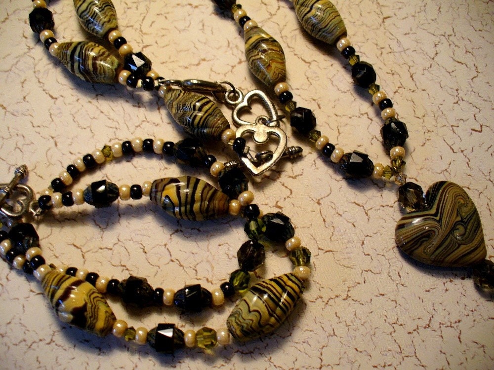 Sage Green Black Lampwork Swirls Necklace and Bracelet Set