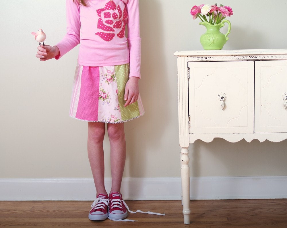 CLEARANCE Girls Picnic Skirt- 2t- Pink and Green Patchwork- LAST ONE-  Children Spring Fashion