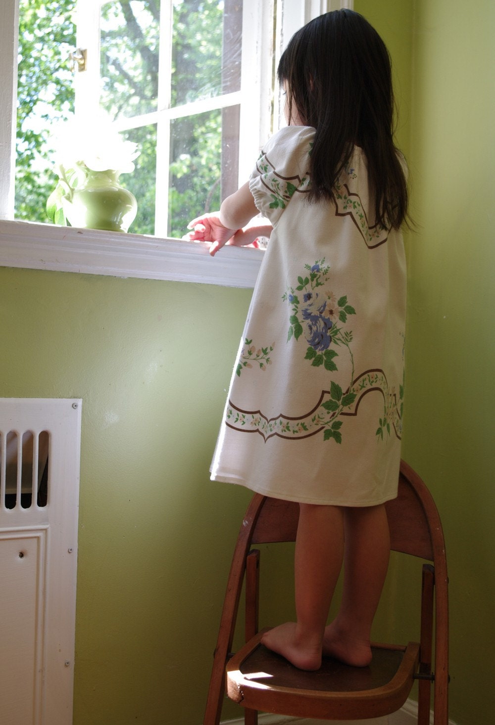 3T Recycled Vintage Tablecoth Dress- Heirlooom Little Girl Dress- Cream B lue & Green Floral- Recycled- Ecofriendly