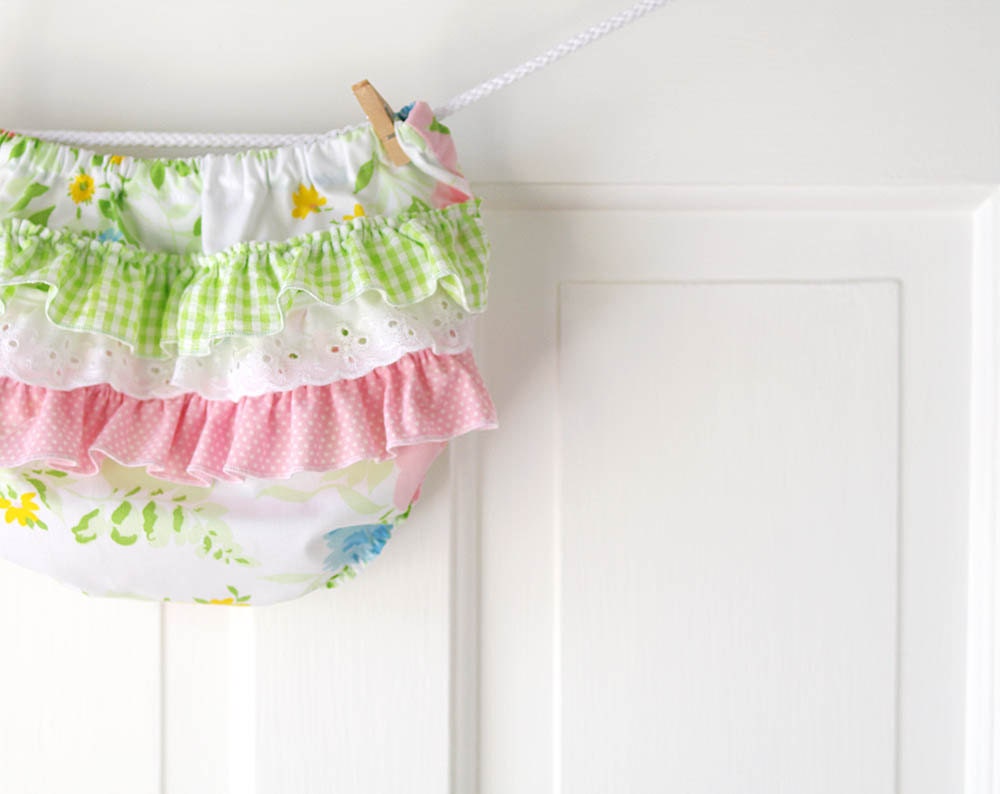 Pink Ruffle Onesie- Pastels on White Vintage Floral-  6m 12m 18m- Baby Shower Gift- Children Spring Fashion- Ecofriendly