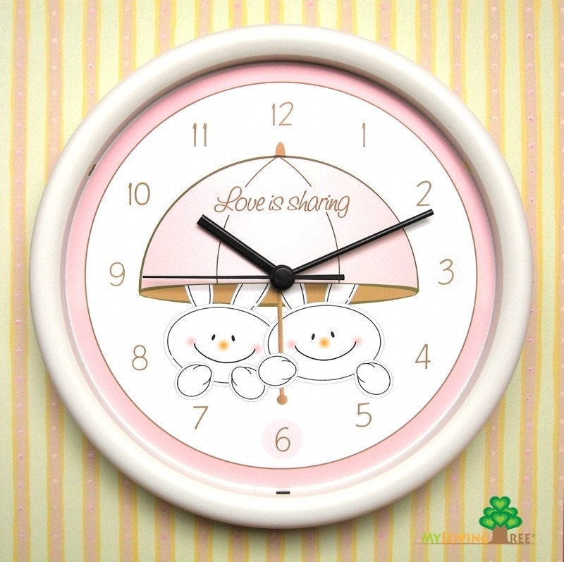Personalized PINK Wall Clock for baby nursery or kids (Quiet Sweep) - Bouncy the Bunny Rabbit