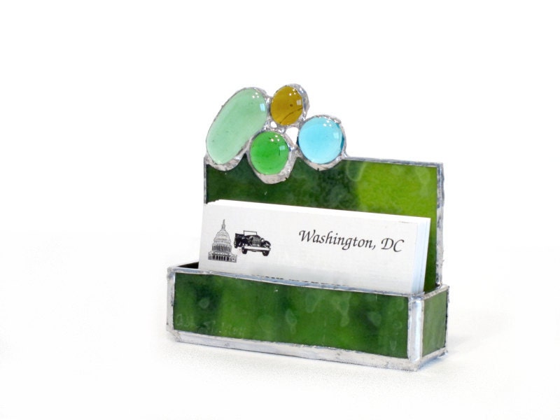 Business Card Holder Stained Glass Green  Handmade OOAK