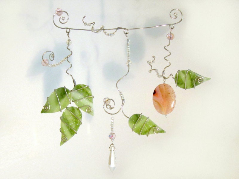 Stained Glass Suncatcher Green Leaf Peach Agate Bead Handmade OOAK