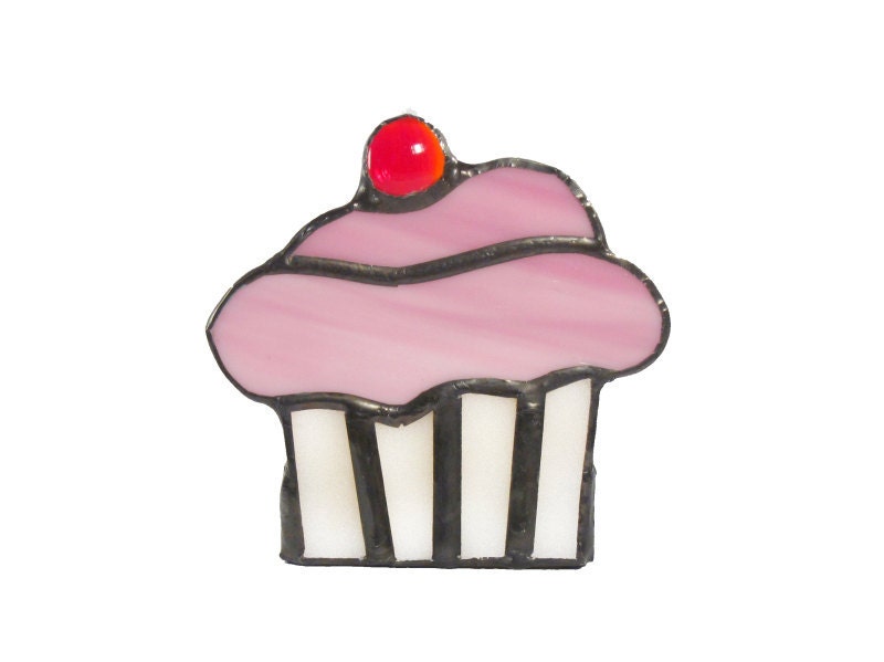 Stained Glass Votive Candle Holder White and Pink Cupcake Handmade OOAK