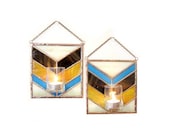 Chevron Stained Glass Panel Candle Holders PAIR Bud Vase Brown Beige Blue Handmade OOAK