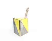 Geometric Pencil Holder Stained Glass Chevron Triangle Gray Yellow Handmade OOAK